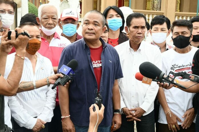 Redshirt leader Jatuporn Prompan speaks to reporters on May 19, 2020.