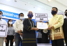 School Gang Rape Inquiry: Director Probed for Negligence Sec-gen of the Children, Youth and Family Foundation Ticha Na Nagara delivers a petition to justice minister Somsak Thepsutin on May 12, 2020.