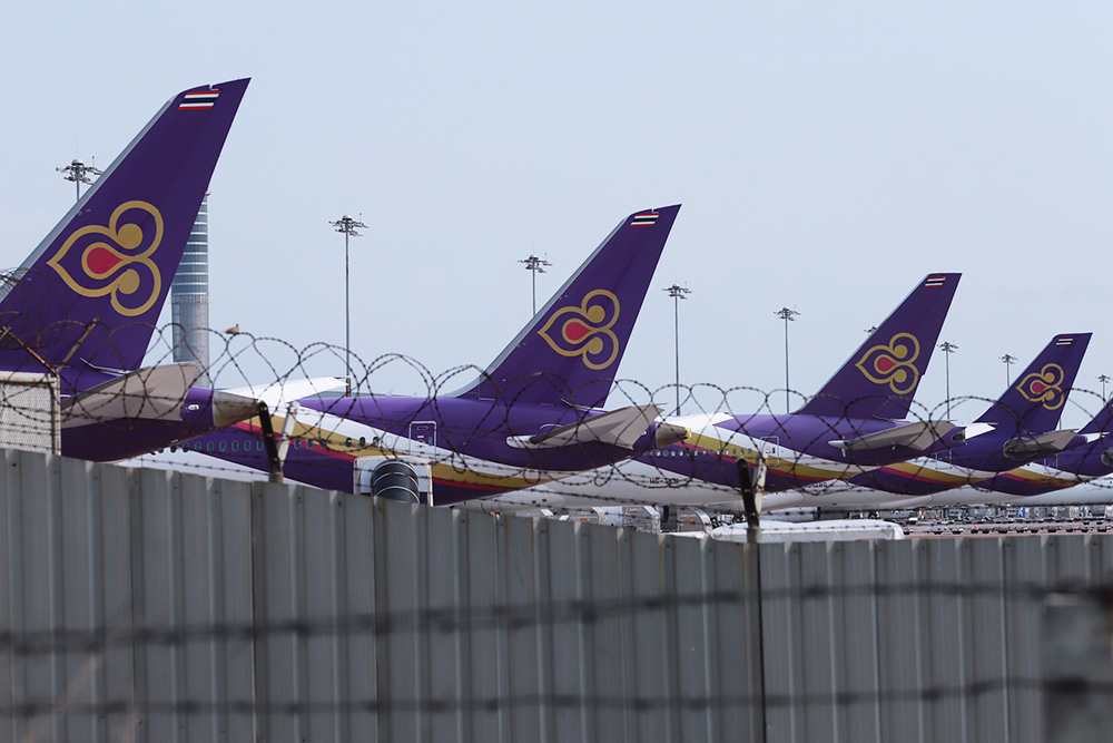 Grounded Thai Airways planes at Suvarnabhumi Airport.