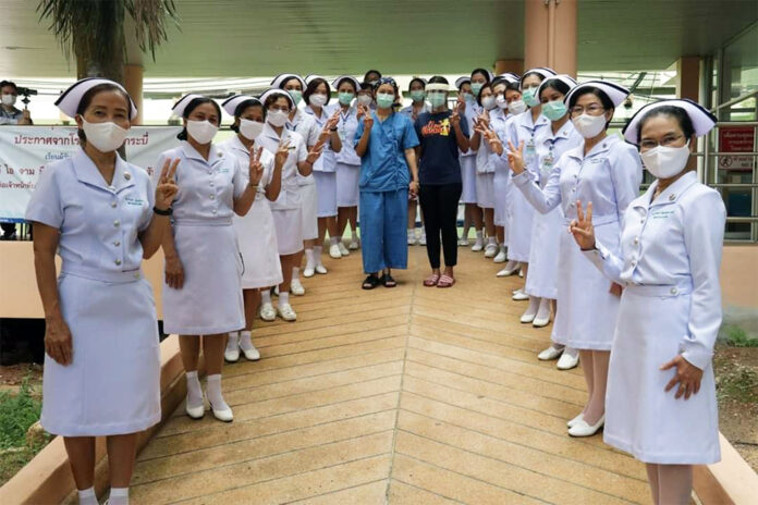 Nurses bid farewell to a patient who recovered from coronavirus in Krabi province on May 12, 2020.