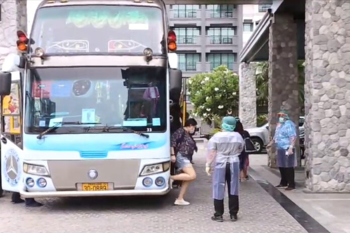 Thai returnees arriving at a hotel in Chonburi province on May 27, 2020.