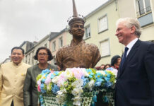 Monument of Siamese Diplomat Stolen in France The statue of Kosa Pan during a ribbon cutting ceremony on Feb. 15, 2020. Photo: Royal Thai Embassy, Paris / Facebook