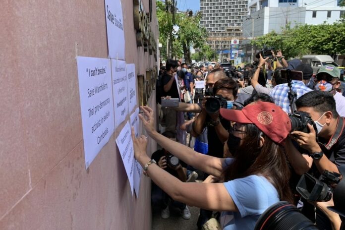 Protesters gather in front of the Cambodian Embassy in Bangkok to demand justice for Thai dissident Wanchalearm Satsaksit on June 8, 2020.