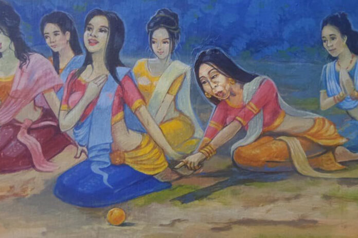 In this photo of a mural at Wat Nong Tao in Uthai Thani province taken on June 1, 2020, internet celebrity Sitang Buathong is depicted pointing at an orange, resembling her famous punchline.