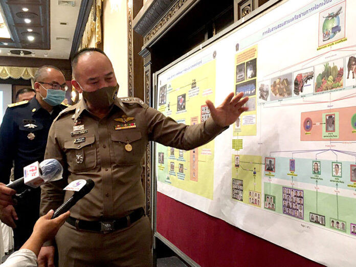 Police with a poster about Qaing Ma on June 25, 2020.