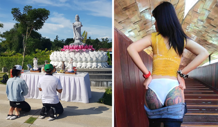 Left: Anan Yodbua and his girlfriend apologize to the Guan Yim shrine on July 6, 2020 at Pasan Building in Nakhon Sawan. Right: Photos Anan posted of his girlfriend’s tattooed buttocks.