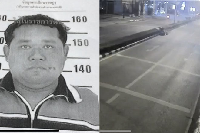 Jaruchart Mardthong’s citizen ID photo. Right: The scene of Jaruchat’s accident July 30, 2020.