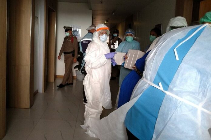 Health workers on July 14, 2020, inspect the hotel in Rayong province where the Egyptian airman who tested positive for the coronavirus was accommodated.