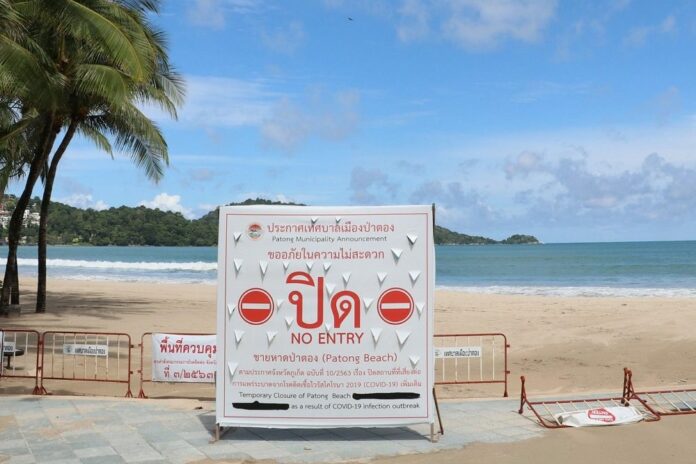 Patong Beach on Phuket Island is cordoned off from the public on June 8, 2020. Patong Beach on Phuket Island is cordoned off from the public on June 8, 2020.