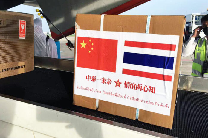 A box of medical supplies donated by the Chinese government to Thailand. Photo: Chinese Embassy Bangkok / Facebook