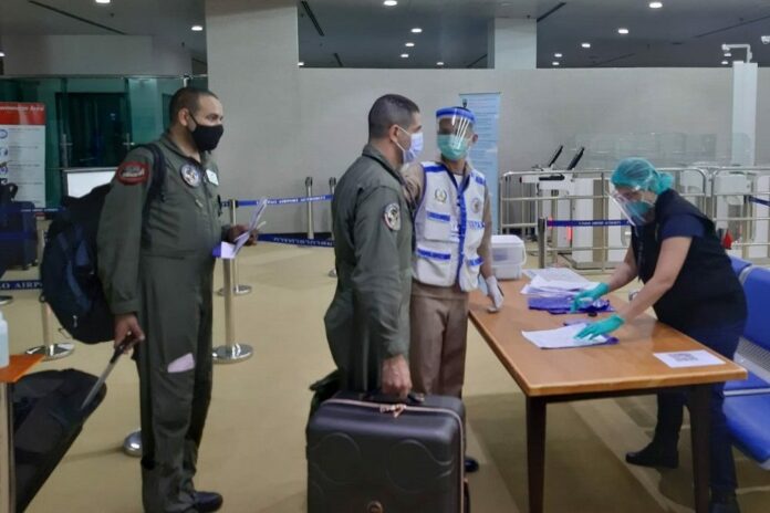 A photo released by U-Tapao Airport authorities reportedly shows some of the Egyptian airmen who landed there on July 9, 2020.