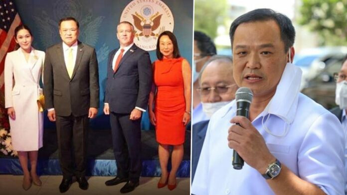 Left: Health minister Anutin Charnvirakul during the Fourth of July party held by the U.S. embassy in Bangkok on July 4, 2020.