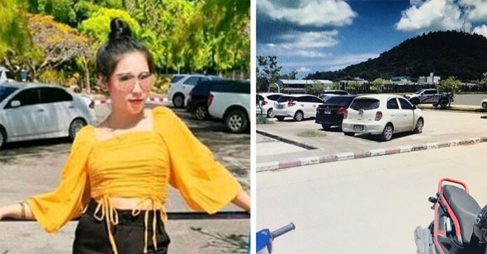 Rawinnipha’s TikTok profile photo. Right: Part of the parking lot in front of the industrial technology faculty at Phuket Rajabhat University where Pornpipat Iad-dum was forced to run as punishment.