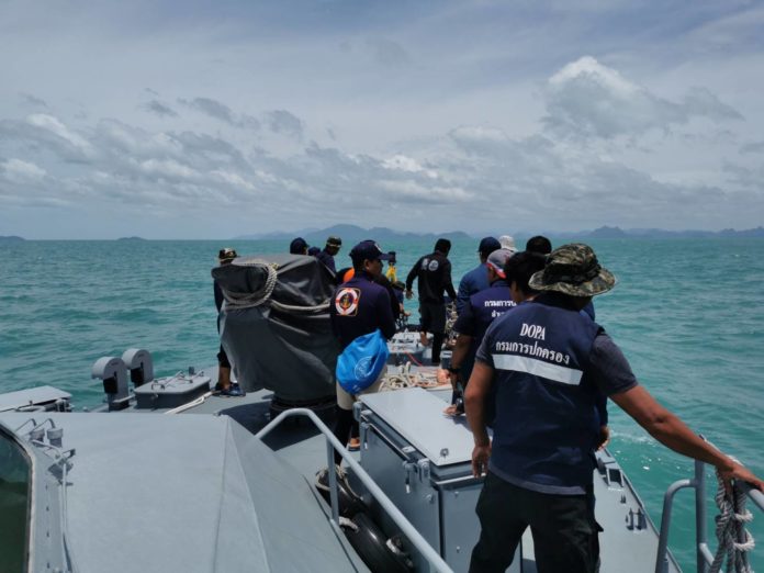 Rescue officials on Aug. 3, 2020 search for people missing from a ferry that sank off the coast of Koh Samui on Aug. 1, 2020.