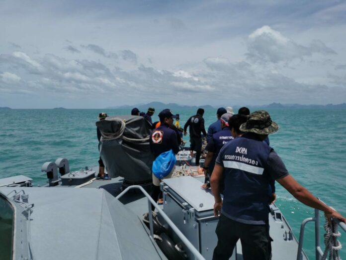 Rescue officials on Aug. 3, 2020 search for people missing from a ferry that sank off the coast of Koh Samui on Aug. 1, 2020.