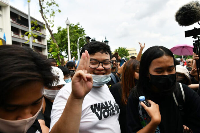 Activist Parit Chiwarak at the anti-government rally on Aug. 16, 2020.