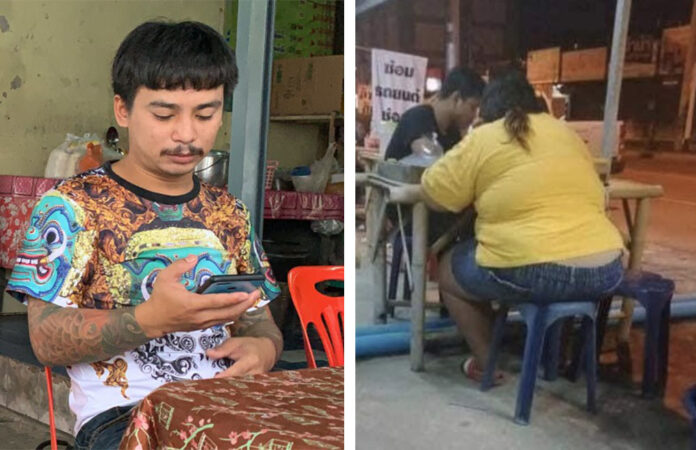 Left: Anuwat Jansomdee at the Chaixi Bamee-Kiew shop on Aug 6, 2020. Right: The photo Anuwat posted online of a customer.