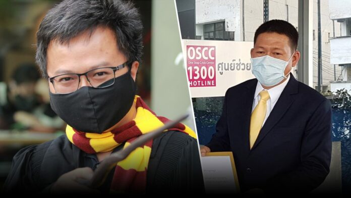 Left: Arnon Nampha at the Harry Potter-themed protest near the Democracy Monument on Aug. 3, 2020. Right, Apiwat Kantong files a police complaint to Samranrat Police on Aug. 5, 2020.