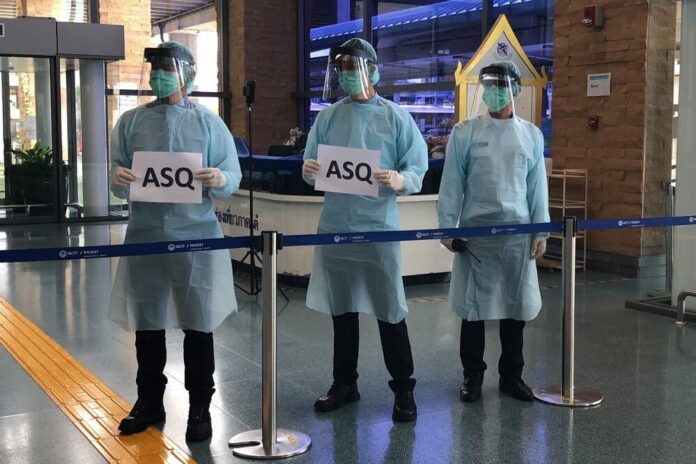 Phuket airport staff test a temperature screening device on Sept. 8, 2020, in anticipation of a partial reopening for tourism. Phuket airport staff test a temperature screening device on Sept. 8, 2020, in anticipation of a partial reopening for tourism.