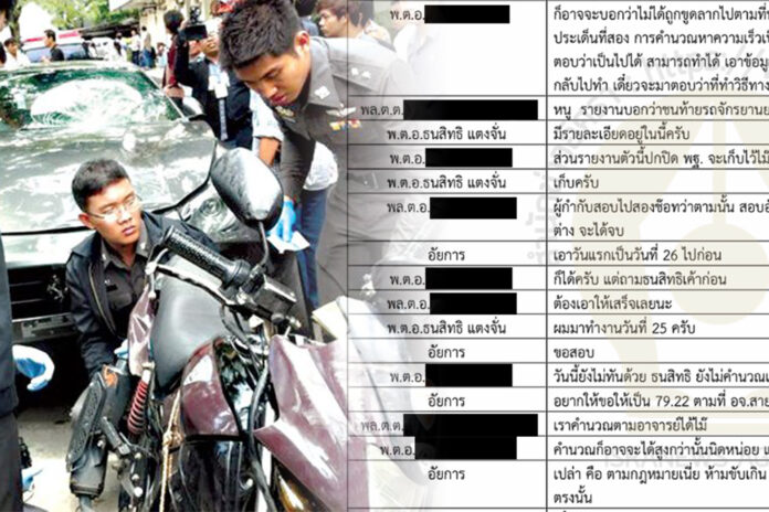 Forensic officials examine the wreck of motorcycle Sgt. Maj. Wichian Klanprasert was riding during the crash, left, redacted transcript of conversation between the police and the public prosecutor, right. Photo: Isra News Agency