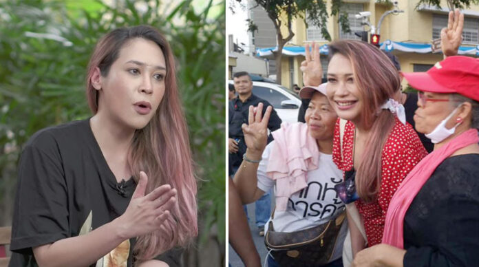 Left, Sai Charoenpura in an interview with Matichon. Right, Sai at the pro-democracy protest at the Democracy Monument on Sept. 16, 2020.