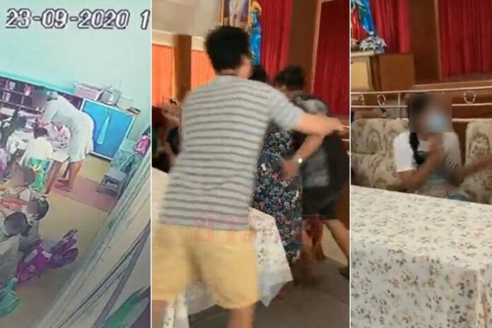 Left: Security camera shows the assault. Center and right: parents of assaulted students mob Ornuma “Khu Jum” Plodprong on Sept. 28, 2020.