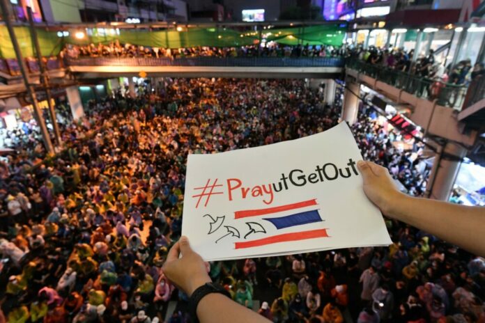 Protests in Bangkok on Oct. 18, 2020 at the Victory Monument.