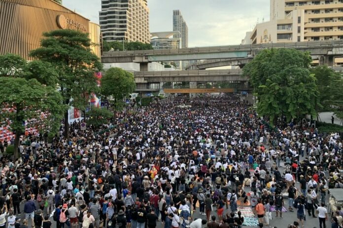 Anti-government protest on Ratchaprasong Intersection on Oct. 16, 2020. Anti-government protest on Ratchaprasong Intersection on Oct. 16, 2020.