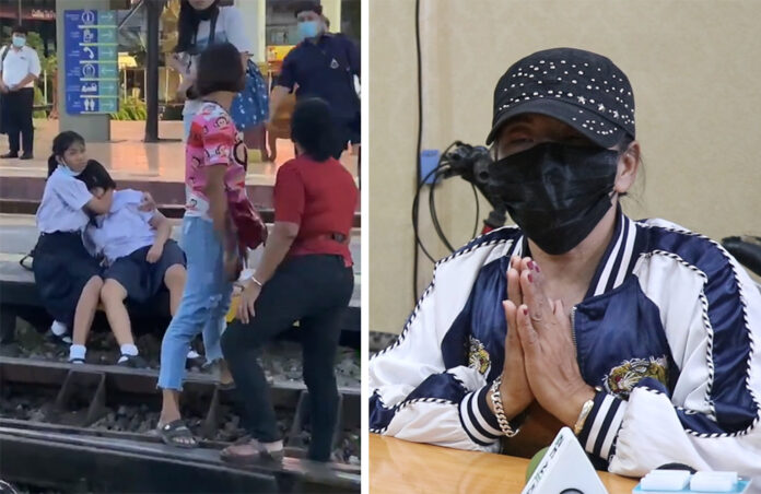 Left: Poo, in red, after attacking a 15-year-old student for not standing up for the national anthem. Right, Poo wais in apology on Oct. 28, 2020 at Phra Nakhon Si Ayutthaya Police Station.