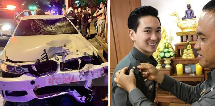 The wreckage of Police Capt. Akarawin Taechaubol’s white BMW after he hit and killed a fishball seller on Oct. 22, 2020. Akarawin, left.