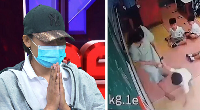 Ornuma, left, on the Hone Krasae show on Oct. 7, 2020. Right, a security footage shows Ornuma dragging a child by the arm in class on Sept. 23, 2020 at Sarasas Witaed Ratchaphruek School.