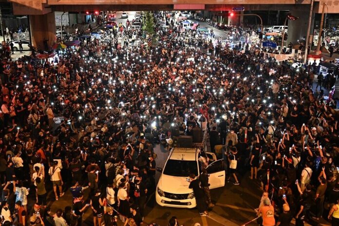 Protesters rally at Tha Phra Intersection in Bangkok on Nov. 2, 2020.