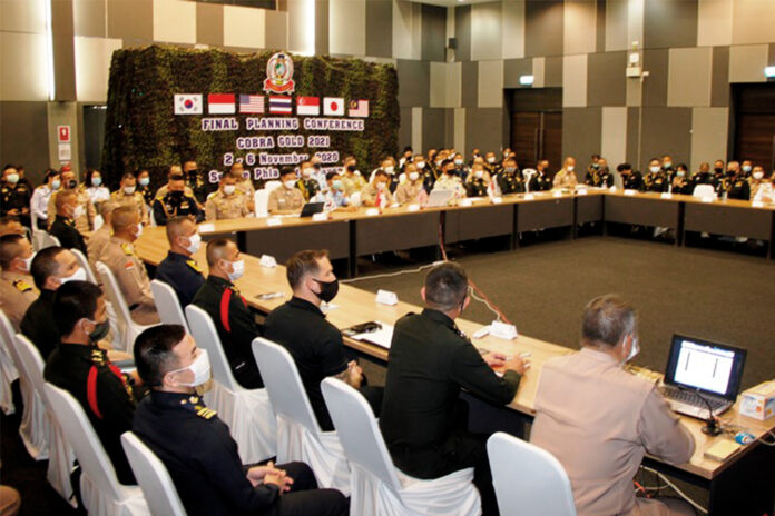 Military personnel join in the Final Planning Conference of the Cobra Gold joint military exercise on Nov. 6, 2020. Photo: Royal Thai Navy Military personnel join in the Final Planning Conference of the Cobra Gold joint military exercise on Nov. 6, 2020. Photo: Royal Thai Navy