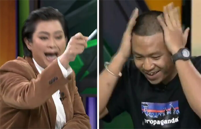 Harutai Muangboonsri and Jatupat Boonpattaraksa on the “Straight Talking With Jomquan” show on Nov. 5, 2020.