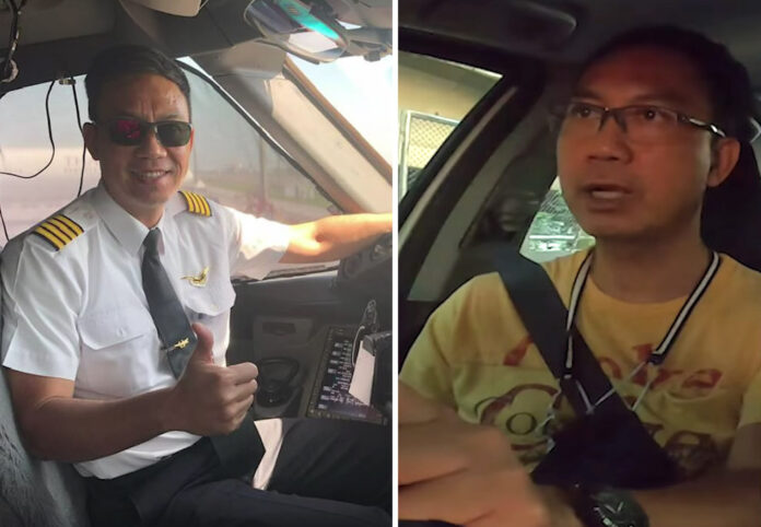 Mahesak Wongpa in the cockpit as a pilot. Right, Mahesak drives his car in an interview with Khaosod.
