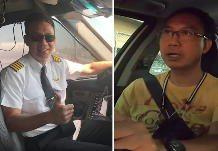 Mahesak Wongpa in the cockpit as a pilot. Right, Mahesak drives his car in an interview with Khaosod.