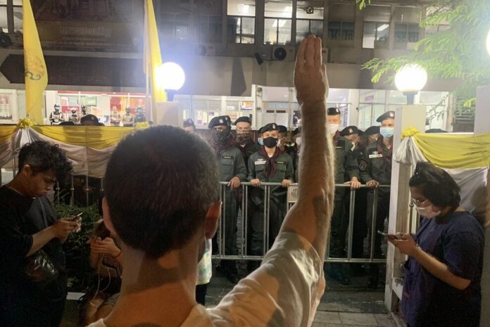 A protester outside Phayathai Police Station on Dec. 7, 2020.
