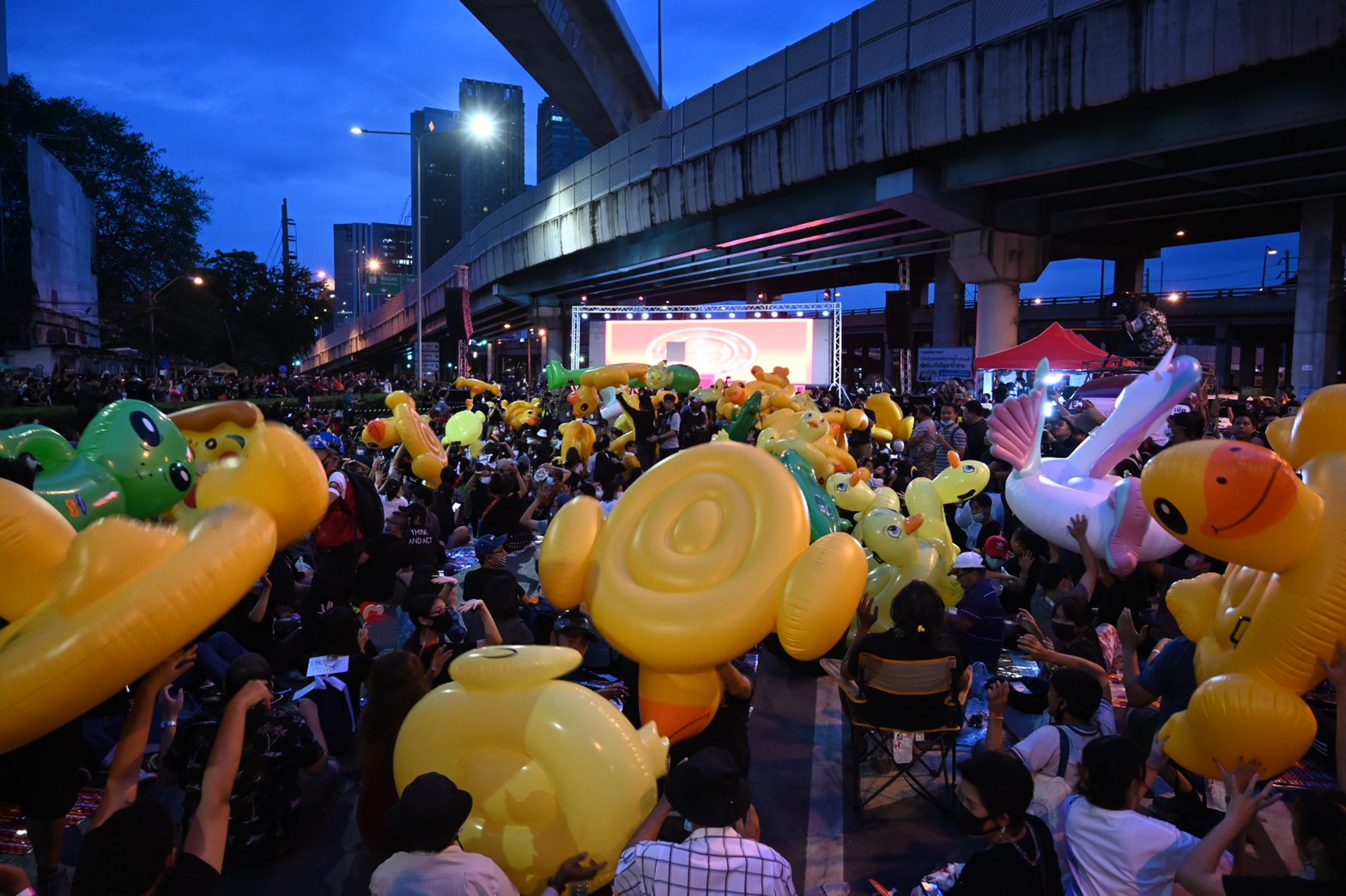 Rubber ducks being passed to the main stage during the protest on Dec. 2, 2020.