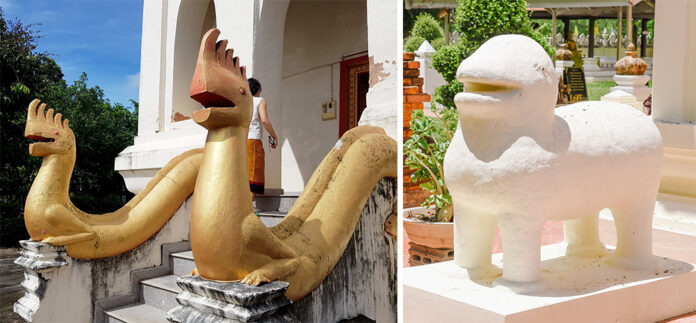 Left: Statues of hera at Wat Chaiyaphum in Ubol Ratchathani. Photo: Prachatip Makmool Gebgod / Facebook. Right: The tua mom statue at Wat Prathat Kham Kaen in Khon Kaen. Photo: Buddhist Sima / Facebook