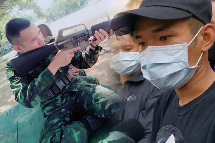 A photo dated Nov. 3, 2019 obtained from Mongkol Santimethakul’s Facebook showing him in army uniform, left, Mongkol during his visit to Samut Prakan City Police Station on Jan. 17, 2021, right. A photo dated Nov. 3, 2019 obtained from Mongkol Santimethakul’s Facebook showing him in army uniform, left, Mongkol during his visit to Samut Prakan City Police Station on Jan. 17, 2021, right.