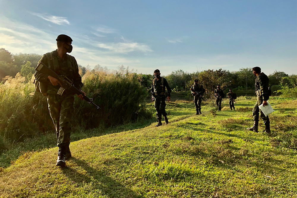 Soldiers patrol the Thai-Myanmar border in Ranong province on Jan. 12, 2021.