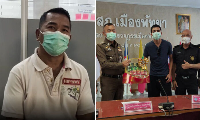 Left, Amorn Boonmee at Pattaya City Police Station on Feb. 25, 2021. Right, Salvatore Andrews Castromedina receives a basket of chicken essence soup from police.