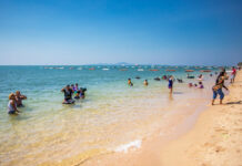 Police to Summon 9,800 People Over Travel Subsidy Fraud Tourists are seen on Jomtien Beach on Nov. 15, 2020.