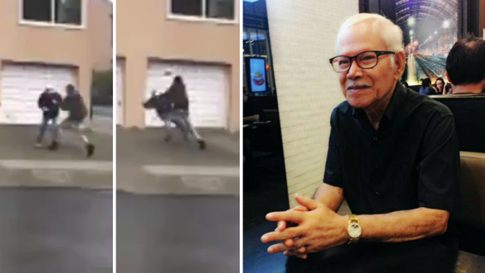 Left, footage of Vicha Ratanapakdee being attacked. Screenshot: EvanSernoffsky / Twitter
