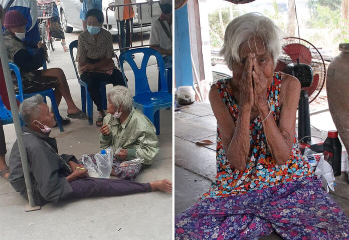 Left: Chamnian Aiamsaart and Nioy Aiamsaart queue in front of a bank in Kamphaeng Phet in a viral photo by Facebook user P’Fon Kamonthip. Right: Nioy Aiamsaart wais to the camera when reporters and local officials visit her house on Feb. 17, 2021.
