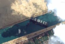 No Timeline Given for Extracting Wedged Ship From Suez Canal This satellite image from Maxar Technologies shows the cargo ship MV Ever Given stuck in the Suez Canal near Suez, Egypt, Friday, March 26, 2021. Photo: Maxar Technologies via AP