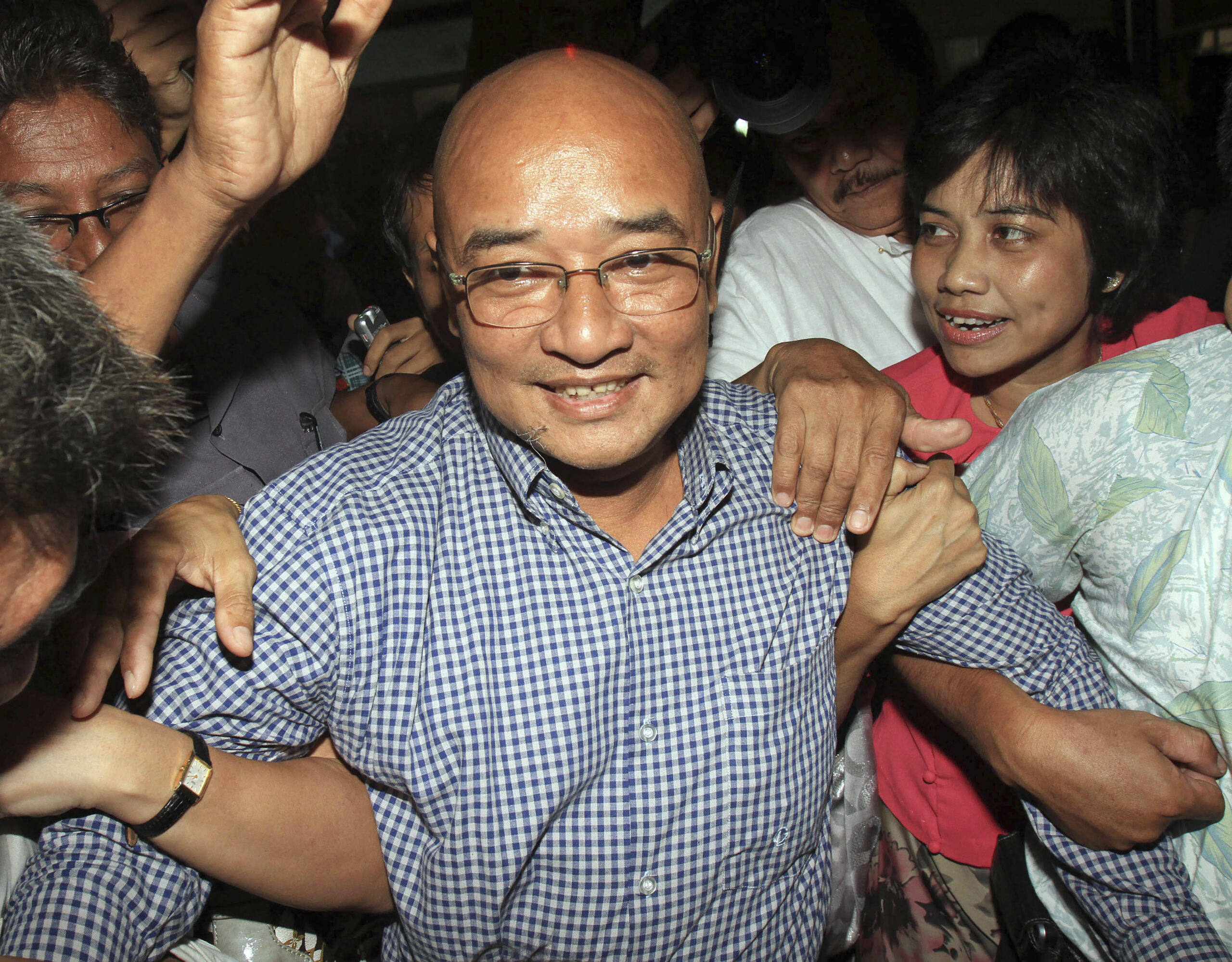 FILE - In this Oct. 12, 2011, file photo, Myanmar's comedian and activist Zarganar, who was serving a 35-year sentence in Myitkyina prison in northernmost Kachin State, arrives at Yangon International Airport in Yangon, Myanmar, after he was released early on Wednesday, Oct. 12, 2011. Photo: Khin Maung Win / AP File