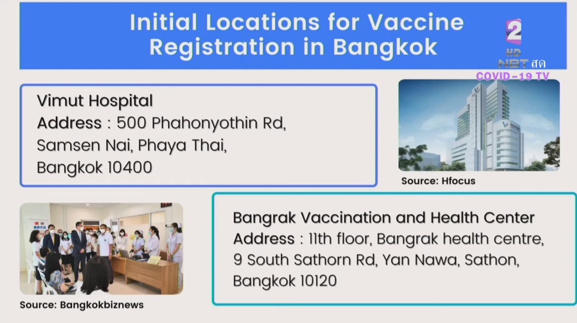 Addresses of the two designated hospitals in Bangkok.
