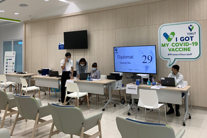A vaccination center for expats at Vimut Hospital on June 7, 2021.