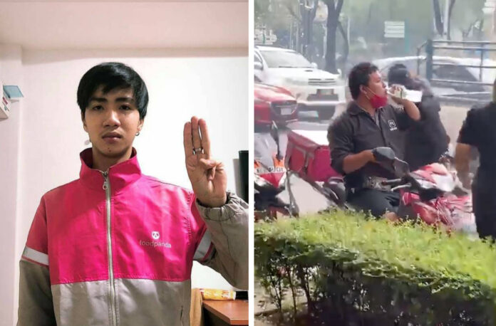 Left: Dung Pan-in Saengsila / Facebook. Right, a man on a Foodpanda motorcycle captured in a video posted by @Tonpatiwat, whom Foodpanda called a “terrorist.” Photo: Tonpatiwat / Twitter